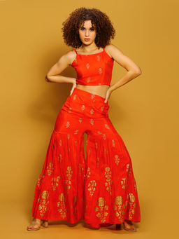 Sera - Orange Ethnic Motifs Printed Shoulder Straps Top & Sharara Co-Ord (Set of 2)