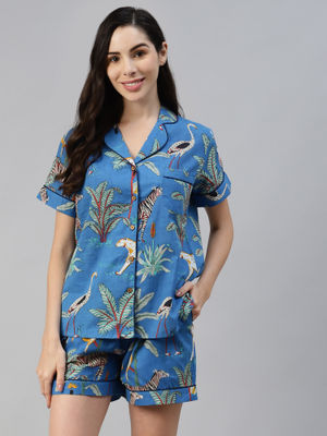 Buy Divena Blue Cotton Animal Print Night Suit (Set of 2) Online