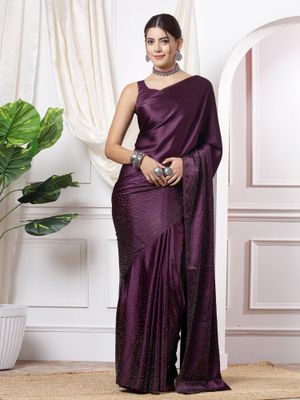 Purple Striped Embellished Silk Blend Saree With Unstitched Blouse Piece