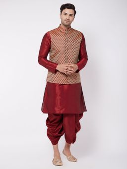 Vastramay - Men's Maroon Silk Blend Jacket, Kurta And Dhoti Set (Set of 3)