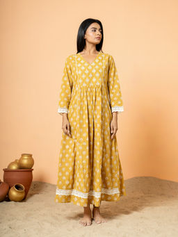 COTTONS DAILY - Mustard Lace Work Cotton Kurta