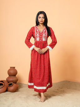 COTTONS DAILY - Red Lace Work Embroidered Cotton Kurta