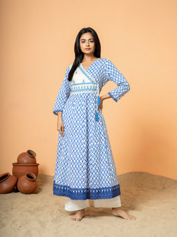 COTTONS DAILY - Breezy Blue Jaal Hand Block Print Cotton Kurta