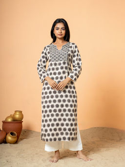 COTTONS DAILY - Cream Embroidered Rangoli Print Cotton Kurta