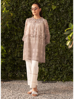 Lakshita - Grey Printed Chiffon Jacquard A-Line Tunic for Women