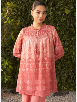 Lakshita - Pink Printed Chiffon Jacquard A-Line Tunic for Women