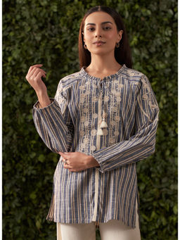 Lakshita - Blue Embroidered Cotton Linen Top for Women