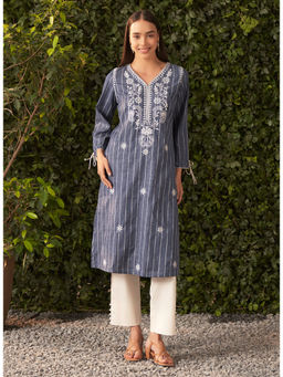 Lakshita - Blue Chambray Embroidered Chambray Kurta for Women