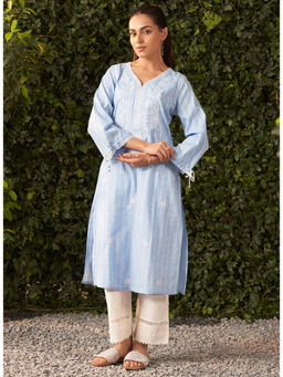 Lakshita - Navy Blue Embroidered Chambray Kurta for Women