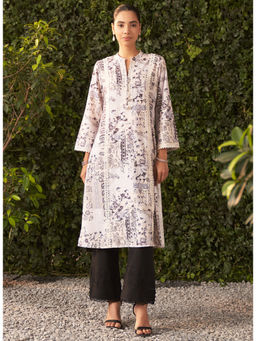 Lakshita - Navy Blue Printed Linen A-Line Kurta for Women