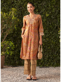 Lakshita - Mustard Printed Modal Chanderi Straight Kurta for Women
