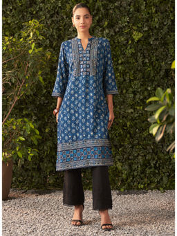 Lakshita - Navy Blue Printed Rayon Kurta for Women