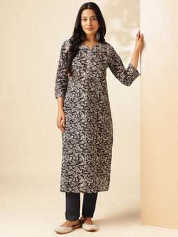 Vbuyz - Women Black Paisley Straight Cotton Stitched Kurta