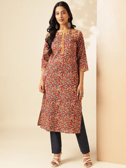 Vbuyz - Women Red Paisley Straight Cotton Stitched Kurta