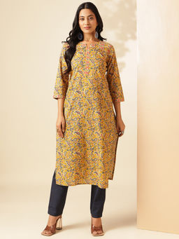 Vbuyz - Women Yellow Paisley Straight Cotton Stitched Kurta
