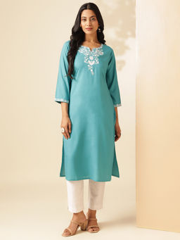 Vbuyz - Women Turquoise Solid Straight Rayon Stitched Kurta