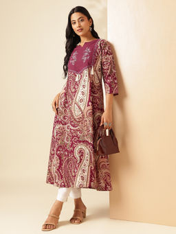 Vbuyz - Women Wine Paisley Anarkali Cotton Stitched Kurta
