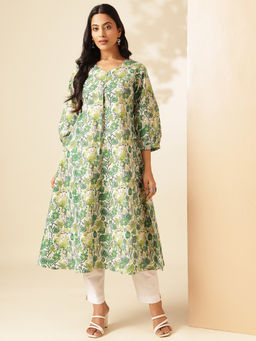 Vbuyz - Women Pista Green Floral Printed A-Line Cotton Stitched Kurta