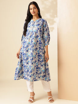 Vbuyz - Women Blue Floral Printed A-Line Cotton Stitched Kurta