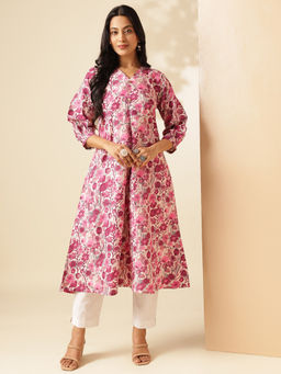 Vbuyz - Women Pink Floral Printed A-Line Cotton Stitched Kurta