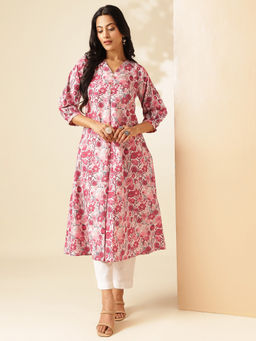 Vbuyz - Women Red Floral Printed A-Line Cotton Stitched Kurta