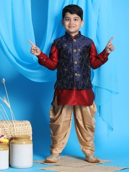 Vastramay - Boys Maroon-navy Blue & Gold Jacket With Kurta & Dhoti (Set of 3)