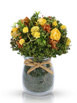 HomeTown - Aura Pe Flower with Glass Base Floral Arrangements in Yellow Colour By Living Essence