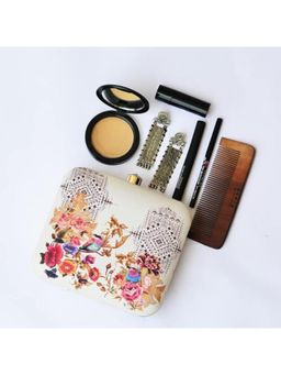 ARTKLIM - Cream Birds and Floral Printed Box Clutch with Detachable Strap