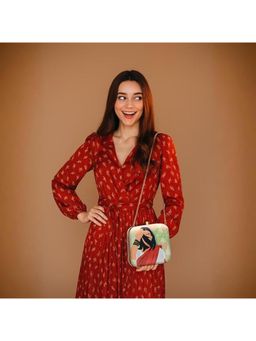 ARTKLIM - Red Saree Portrait Printed Box Clutch with Detachable Strap