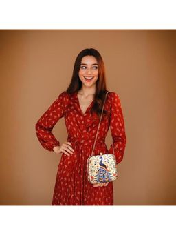 ARTKLIM - Beige and Blue Peacock Printed Box Clutch with Detachable Strap