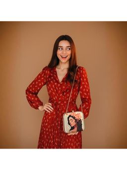 ARTKLIM - Beige and Pink Flower Girl Printed Box Clutch with Detachable Strap