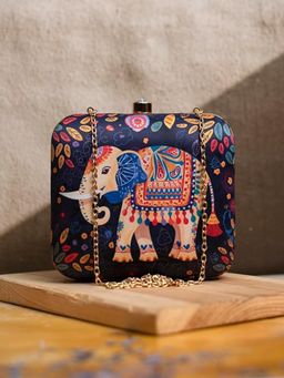ARTKLIM - Navy Blue Elephant Printed Box Clutch with Detachable Strap