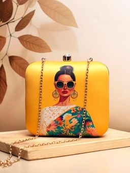 ARTKLIM - Yellow and Green Saree Lady Printed Square Box Clutch with Detachable Strap