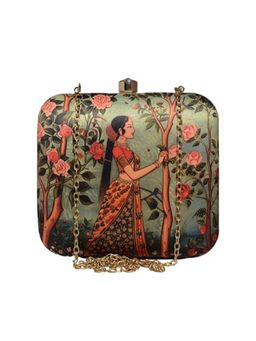 ARTKLIM - Green and Pink Rose Printed Square Box Clutch with Detachable Strap