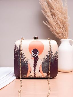 ARTKLIM - Cream Portrait Printed Box Clutch with Detachable Strap