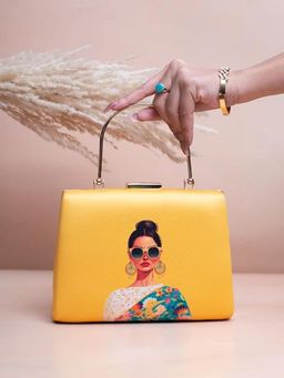 ARTKLIM - Yellow Printed Box Clutch with Handle & Detachable Strap