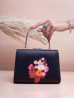 ARTKLIM - Black Portrait Printed Box Clutch with Handle and Detachable Strap