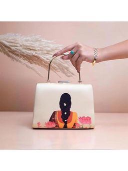 ARTKLIM - Beige Portrait Printed Box Clutch with Handle and Detachable Chain