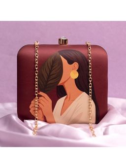 ARTKLIM - Brown Portrait Printed Box Clutch with Detachable Strap