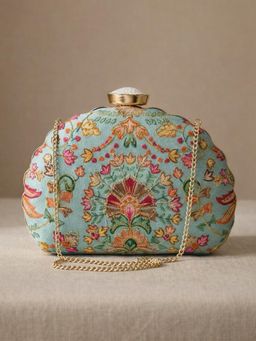 ARTKLIM - Sky Blue Floral Embroidered Clutch