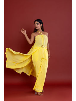 LABEL REYYA - Solid Lemon Yellow Long Resort Co-Ord (Set of 2)