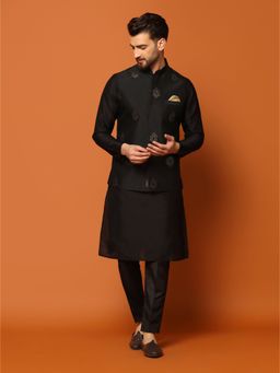 KISAH - Men Black Embroidery Cotton Blend Kurta Jacket Trouser Set with Ethnic Motifs