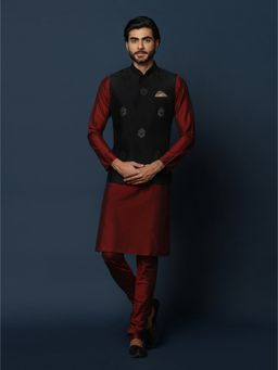 KISAH - Mens Black Jacket Kurta Churidar (Set of 3)