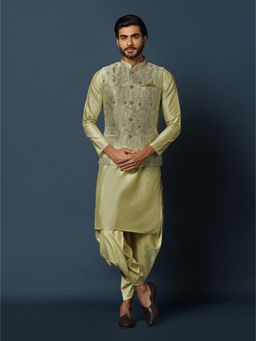 KISAH - Mens Green Jacket Kurta Dhoti (Set of 3)