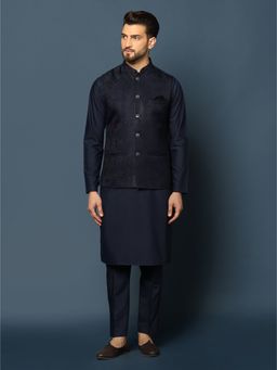 KISAH - Mens Navy Blue Jacket Kurta Trouser (Set of 3)
