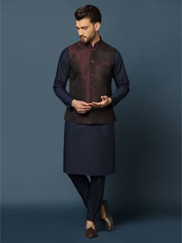 KISAH - Men Navy Blue Textured Silk Blend Jacquard Kurta Jacket Trouser Set with Geometric Pattern