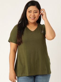 theRebelinme - Plus Size Womens Olive Solid Color V-Neck Cotton T-Shirt