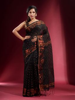 CHARUKRITI - Black with Copper Zari Foliage Design Saree with Unstitched Blouse
