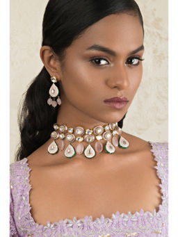 Joules By Radhika - Pink Elemental Enamelled Kundan Jades Rose Quartz Drops Necklace And Earrings Set
