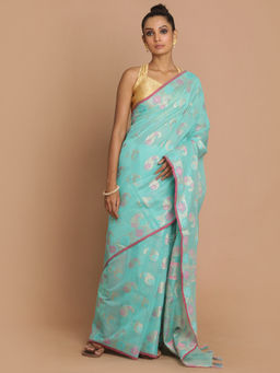 Indethnic - Banarasi Blue Woven Design Party Wear Saree With Unstitched Blouse